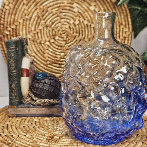 Vintage Handblown Blue & Clear Mottled Glass Vase Speckled Bubble Accent Vase - Picture 4 of 10